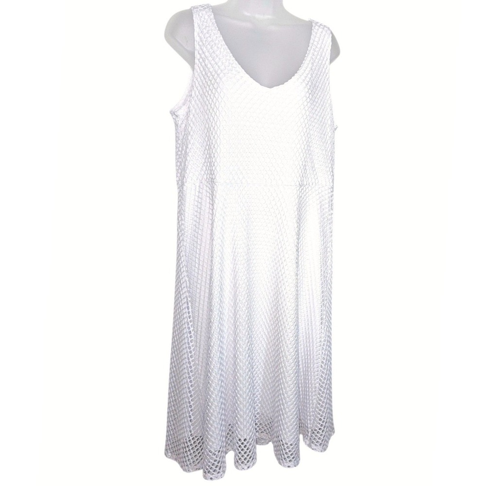 Slinky Brand Womens White Textured Mesh V-Neck Sleeveless A-Line Midi Dress L - Picture 3 of 8